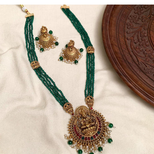 Divine Lakshmi Antique Gold & Green Crystal Long Necklace Set