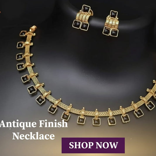 Antique Finish Square Stone Necklace Set – Premium Imitation Jewellery | Relaunch Offer @ ₹299 | Saanvi by Rajani I Available colours: Black, Green, Multi colour, Green & Red