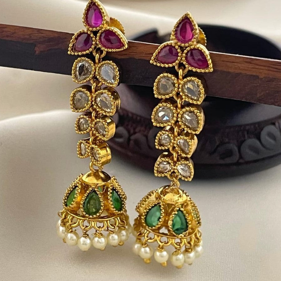 Kundan Jhumka Earrings with Ruby, Green Stones & Pearl Drops I EKA 4802