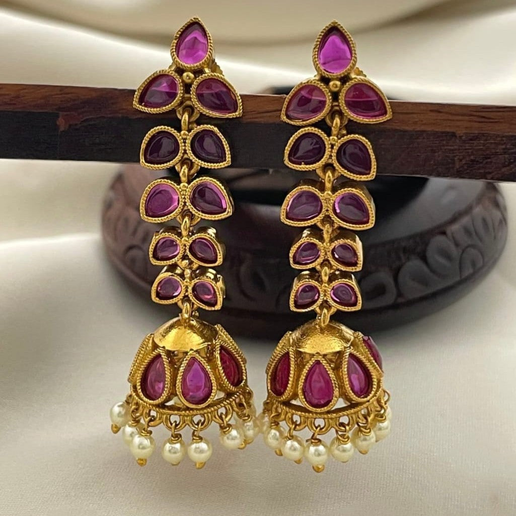 Kundan Jhumka Earrings with Ruby, Green Stones & Pearl Drops I EKA 4802