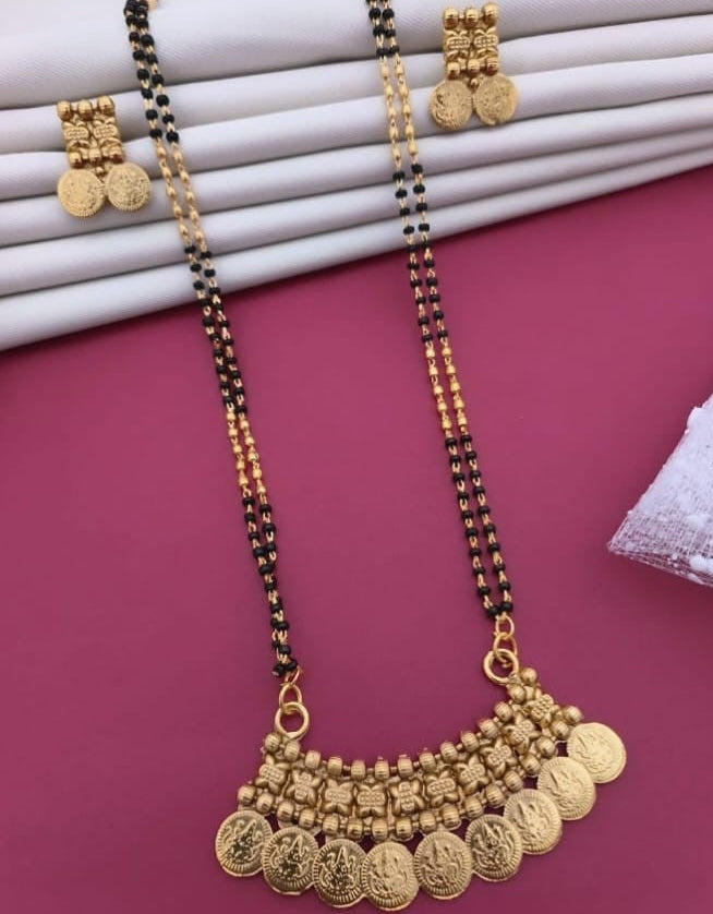 Traditional Black Beads Mangalsutra with Antique Gold Coin Pendant