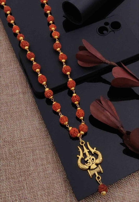 Spiritual Rudraksha Mala with Gold-Plated Om Trishul Pendant – Meditation Necklace SP5501