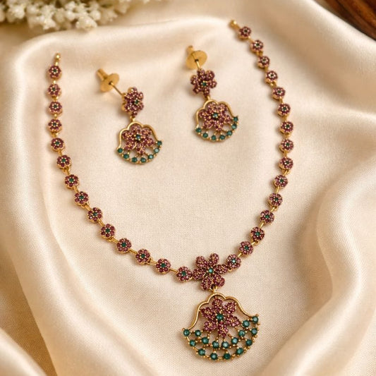 Floral Temple Necklace Set with Ruby & Emerald Stones I Saanvi by Rajani GJ6860
