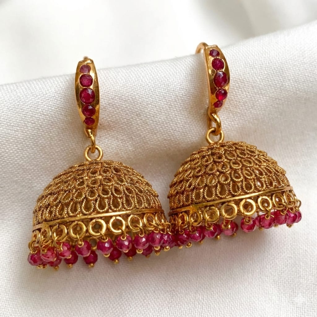 Traditional Gold Finish Ruby Stone Jhumka Earrings | Antique Bridal Temple Jewellery – Saanvi by Rajani CODE MT2800