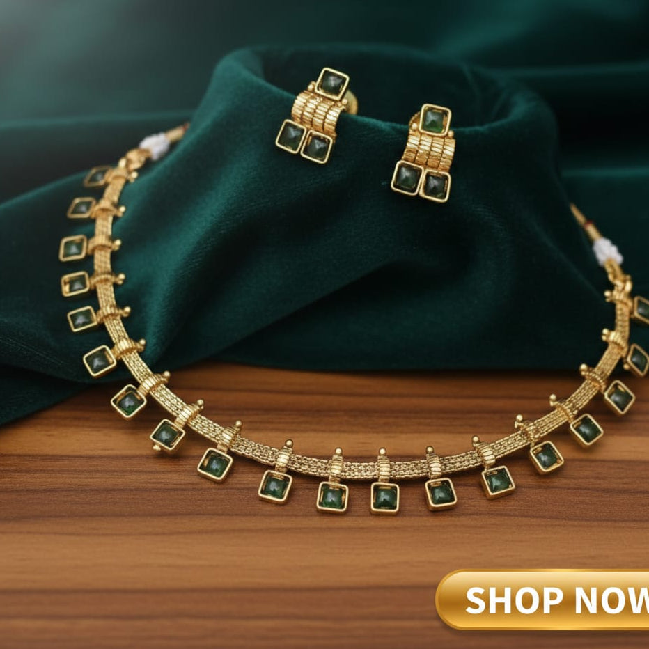 Antique Finish Square Stone Necklace Set – Premium Imitation Jewellery | Relaunch Offer @ ₹299 | Saanvi by Rajani I Available colours: Black, Green, Multi colour, Green & Red