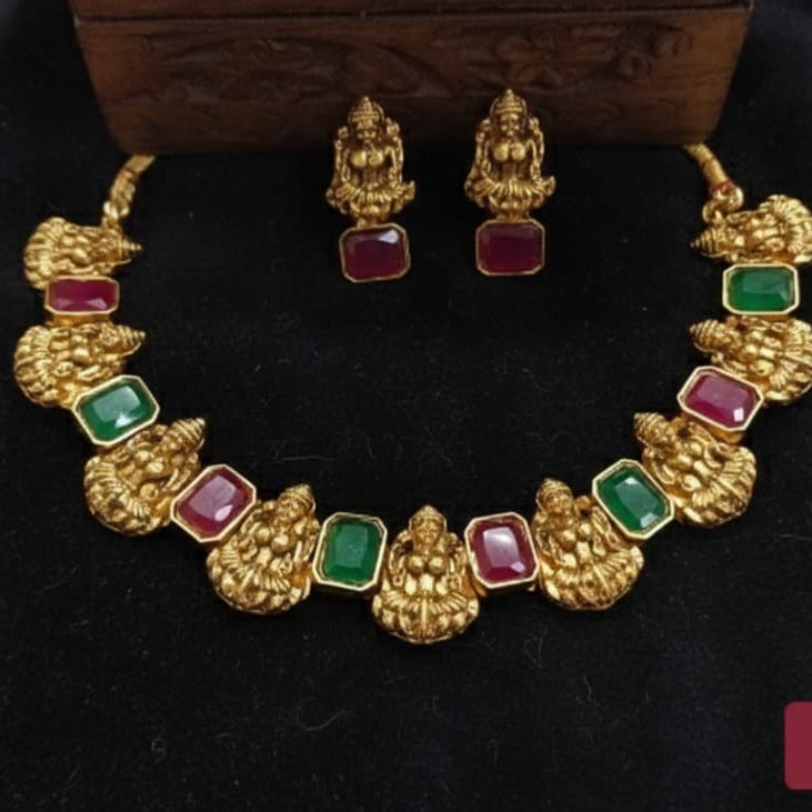 Lakshmi Style  stone adjustable necklace set I Colour: Red, Green,, Red&Green I Saanvi by Rajani