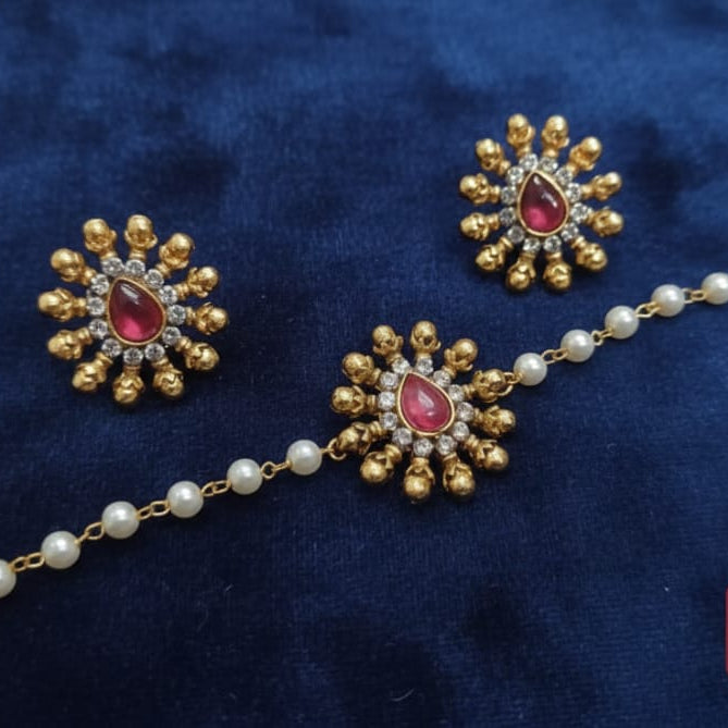 Antique Pearl Choker Set with Stud Earrings – Premium Imitation Jewellery | Saanvi by Rajan I Colours: Red,Green & Whitei