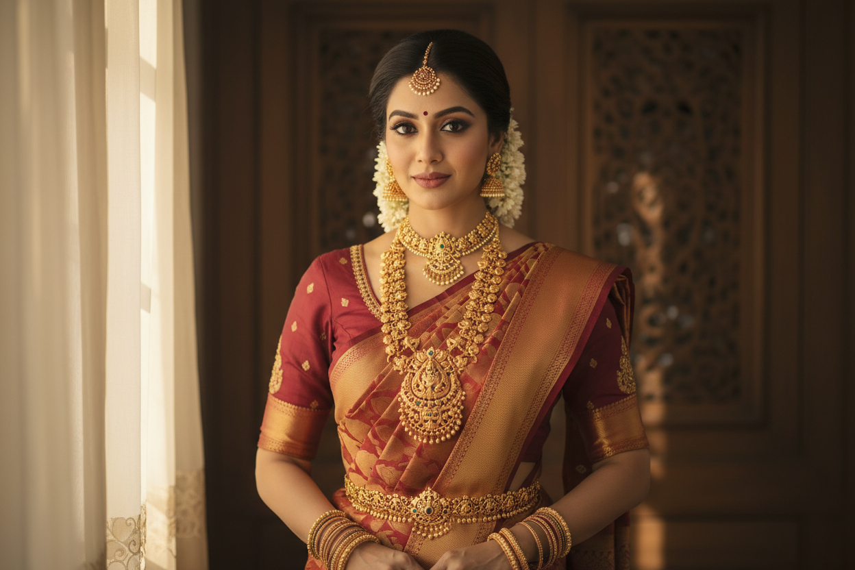 A lady who is wearing a traditional south indian necklace 