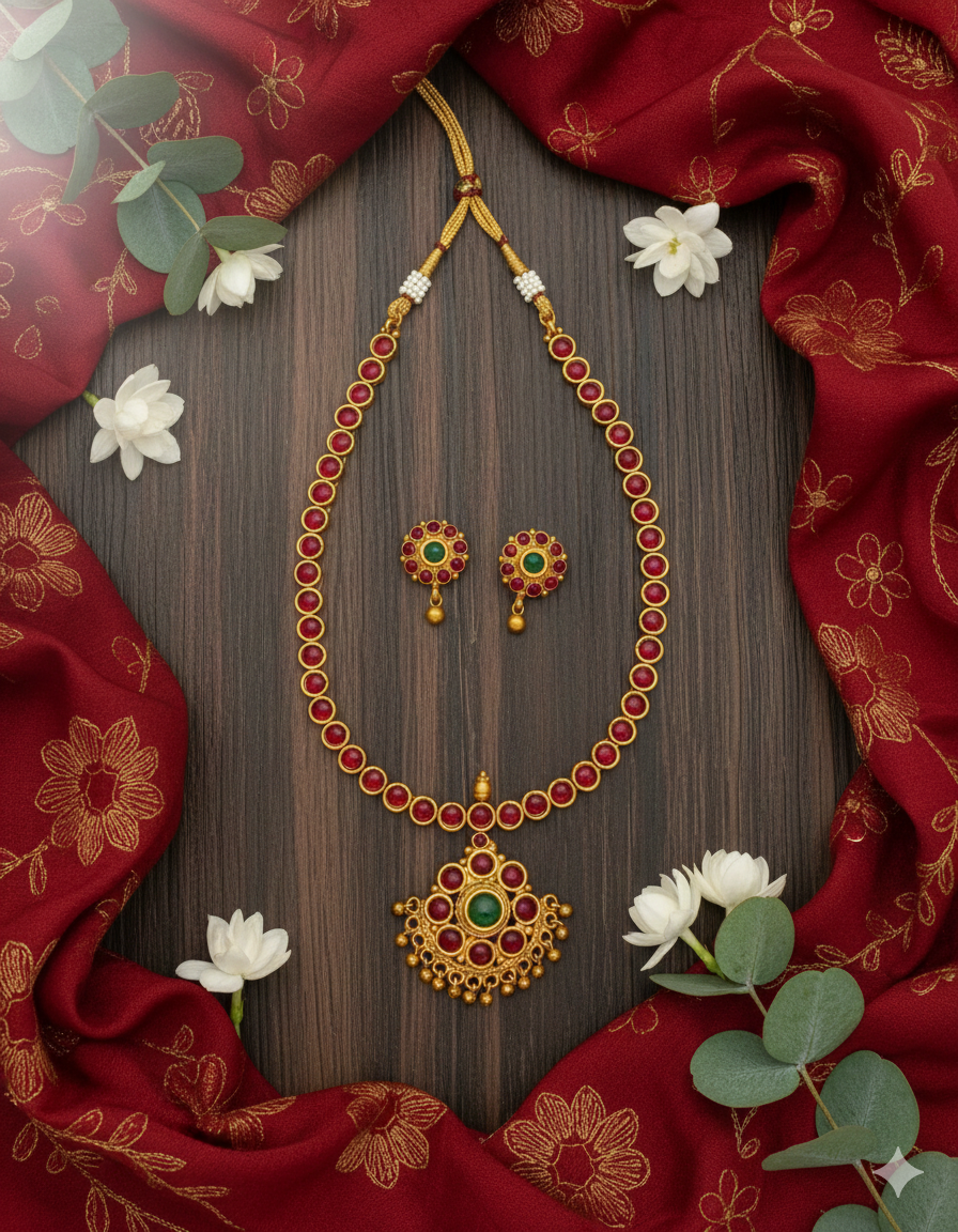 Black Stone South Indian Temple Necklace Set | Antique Gold Finish Bridal Jewellery