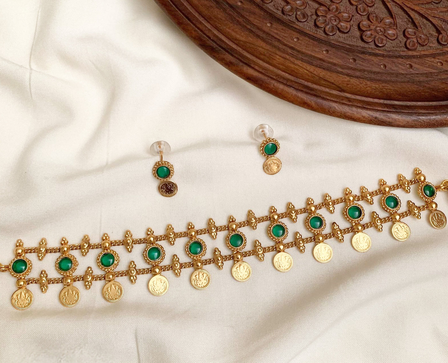 Antique Gold & Ruby/Emerald Coin Choker Set with Matching Studs: South Indian Style Gold Plated Choker with Ruby Stones and Coins