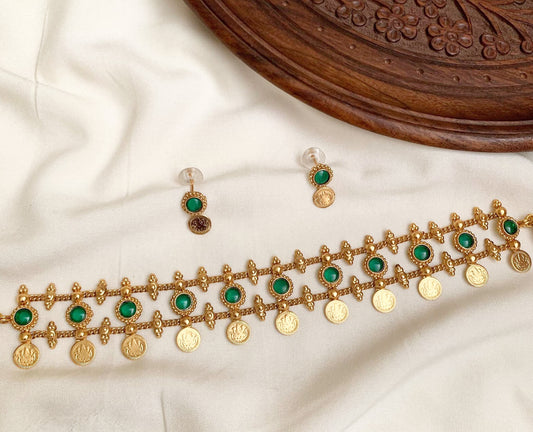 Antique Gold & Ruby/Emerald Coin Choker Set with Matching Studs: South Indian Style Gold Plated Choker with Ruby Stones and Coins