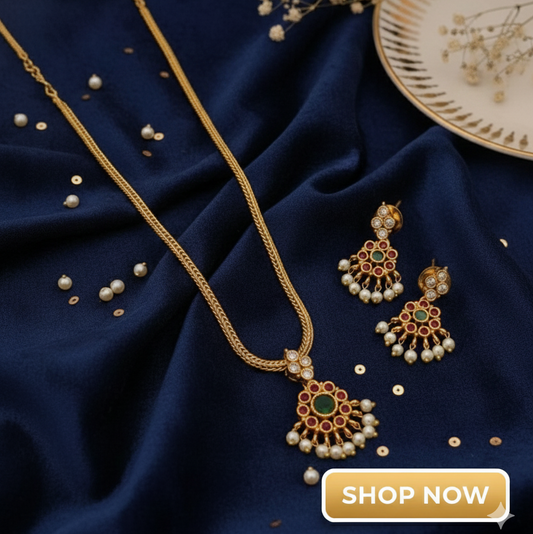 Elegant Traditional Gold-Plated Necklace Set with Pearl Drops | Festive & Bridal Wear Jewellery SP 187