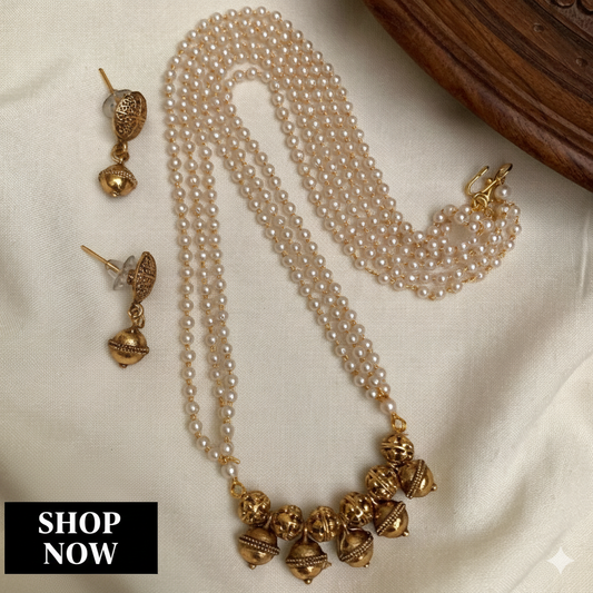 Traditional Pearl Necklace Set with Antique gold ear drops | Elegant Imitation Jewellery| GJ 3360