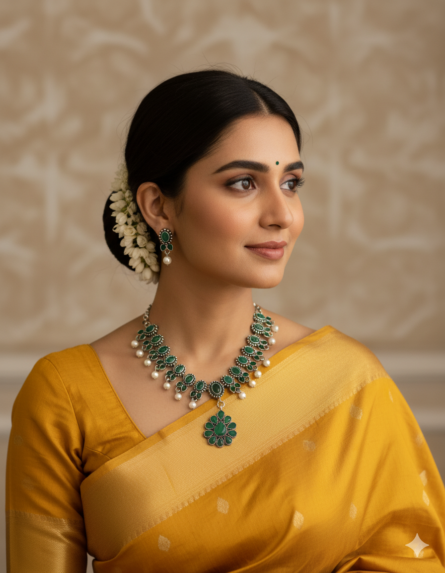 Emerald-toned necklace and earring set