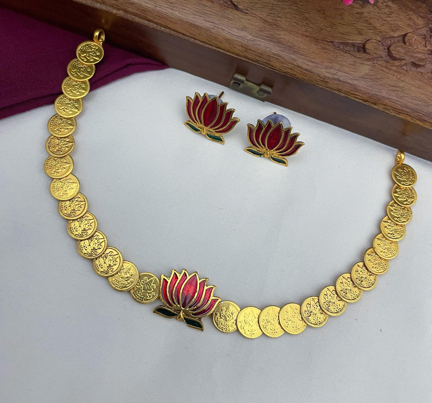 Lotus Coin Temple Necklace Set – Premium South Indian Imitation Jewellery | SK2201 | Saanvi by Rajani