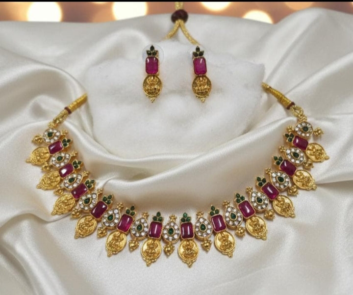 Traditional South Indian Temple Coin Necklace Set with Ruby Green Stones : Code 1250