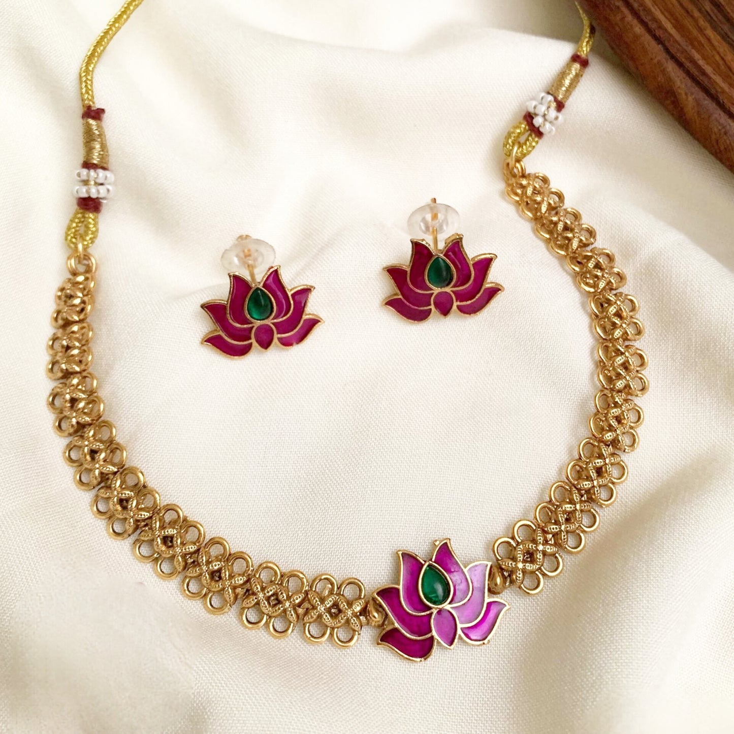 Royal Lotus Meenakari Necklace Set | Gold-Tone Enamel Choker with Matching Studs &  Accents