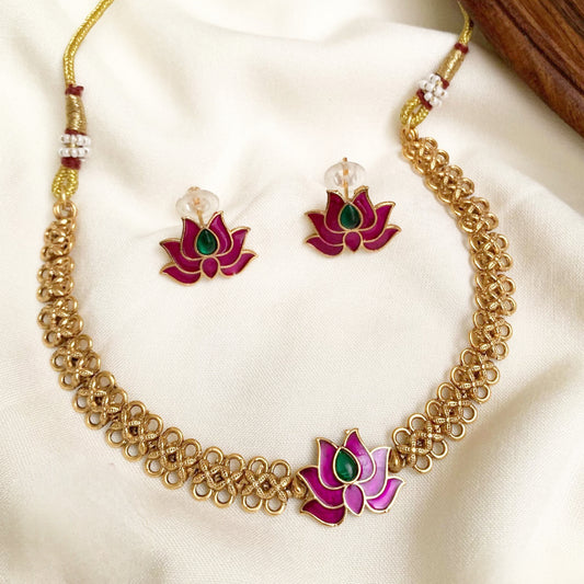 Royal Lotus Meenakari Necklace Set | Gold-Tone Enamel Choker with Matching Studs &  Accents