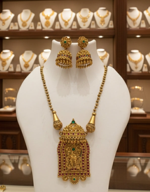 Antique Gold Temple Necklace Set with Jhumka Earrings