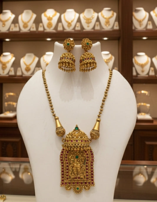 Antique Gold Temple Necklace Set with Jhumka Earrings | Traditional South Indian Bridal Jewellery