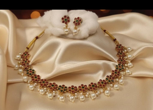 Traditional South Indian Kemp Pearl Necklace Set : code RJ8001