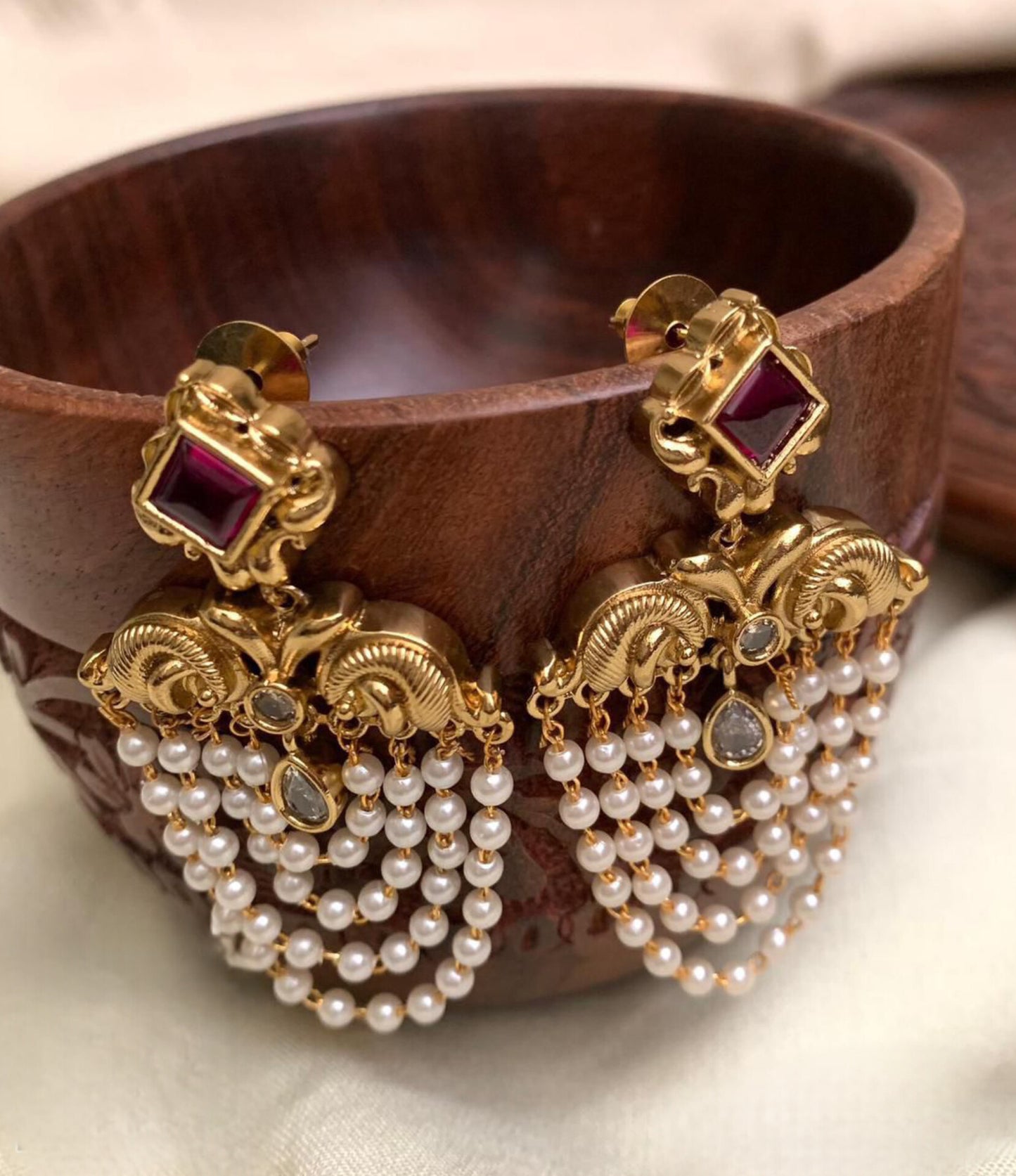 Temple Gold-Plated Pearl Drop earring| Antique Design Earrings | Bridal Imitation Jewellery
