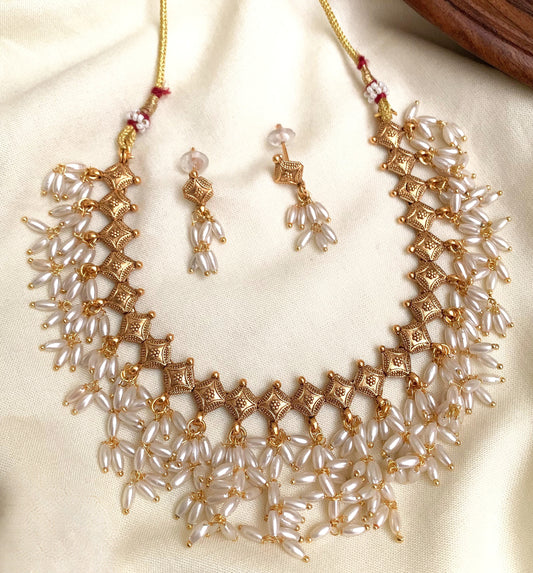 Royal Pearl Cascade Necklace Set | Premium Matte Gold Finish | South Indian Bridal & Festive Jewellery