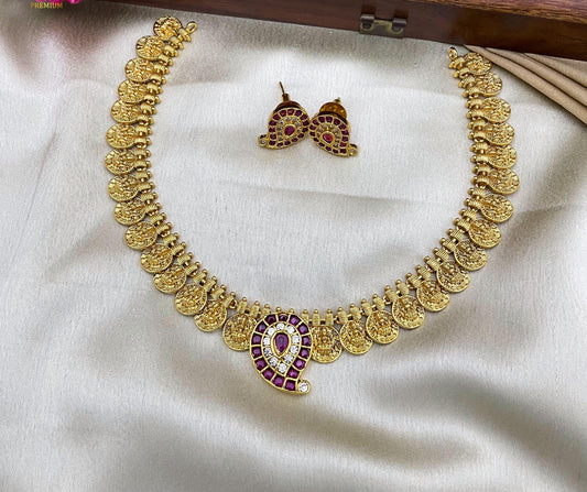 Goddess Lakshmi Coin Necklace Set with Emerald Green Accents | JW2 1900