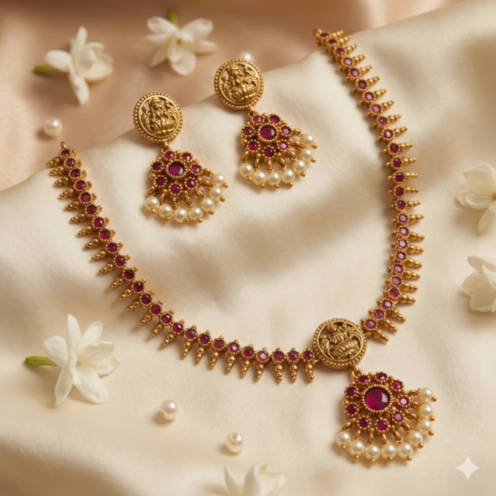 Traditional Antique Matte Gold Temple Jewelry Set with Ruby Red Kemp Stones & Pearl Drops – Lakshmi Motif Short Necklace & Earrings for Wedding & Festive Wear