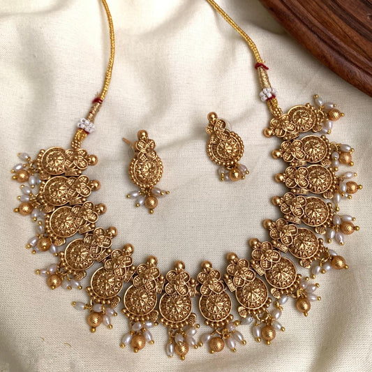 The Traditional Blossom Antique Gold Finish Pearl Necklace Set