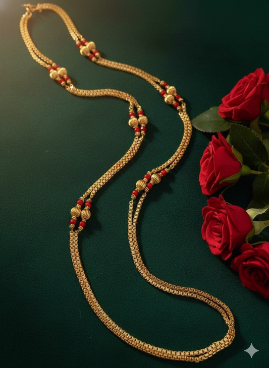 Our Premium Gold-Finish Double-Layer Temple Chain with red accent beads is now LIVE.
Perfect for weddings, festivals & gifting—lightweight, grand & evergreen.
Add this beauty to your jewellery collection today!”