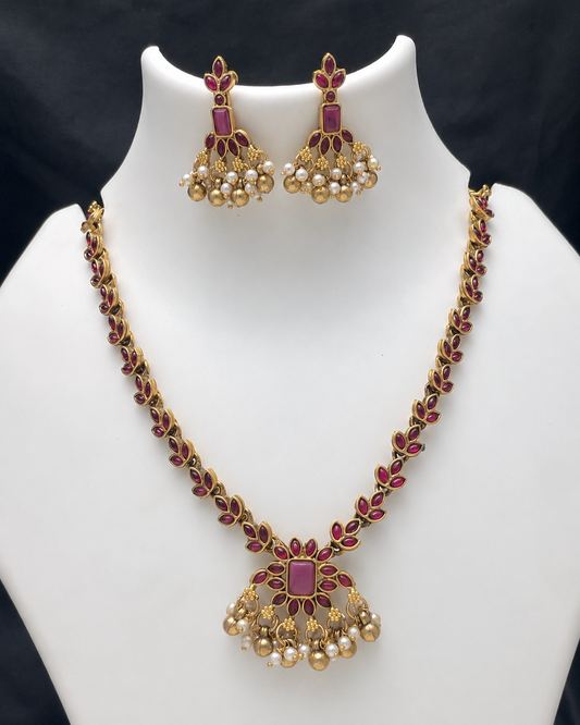 Premium Temple Necklace Set with Matching Earrings – Ruby & Green Stone  kempstone necklace set : Code - JW1850