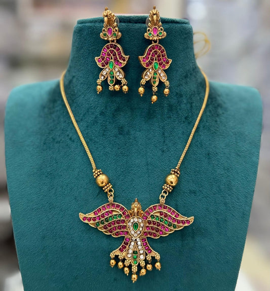 Gandaberunda Necklace Set | Temple Jewelry | Antique Gold Bridal Set - RK Jewels