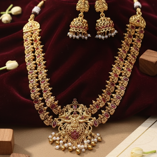 Traditional South Indian Temple Necklace Set with Goddess Lakshmi Pendant | Antique Gold Finish Bridal Jewellery
