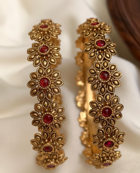 Antique Gold Floral Ruby Bangles for Women | Traditional Bridal Jewellery