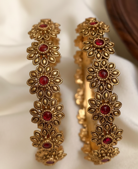 Antique Gold Floral Ruby Bangles for Women | Traditional Bridal Jewellery