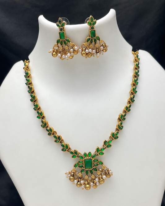 Premium Temple Necklace Set with Matching Earrings – Ruby & Green Stone  kempstone necklace set : Code - JW1850