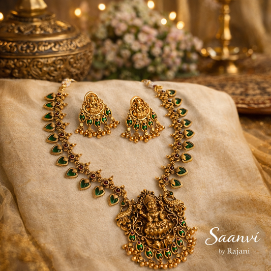 Lakshmi Temple Necklace Set – Heritage Gold Finish with Ruby Accents : Code GJ5001