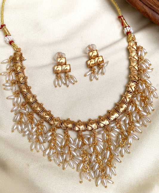 Grand Pearl Rainfall Necklace Set | Matte Gold South Indian Bridal Jewellery | Festive Statement Choker