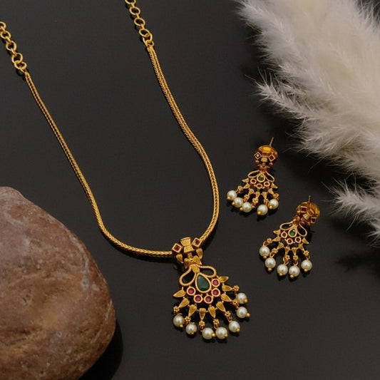 Traditional South Indian Temple Necklace Set with Pearl Drop Pendant | Antique Gold Finish Imitation Jewellery I SP176