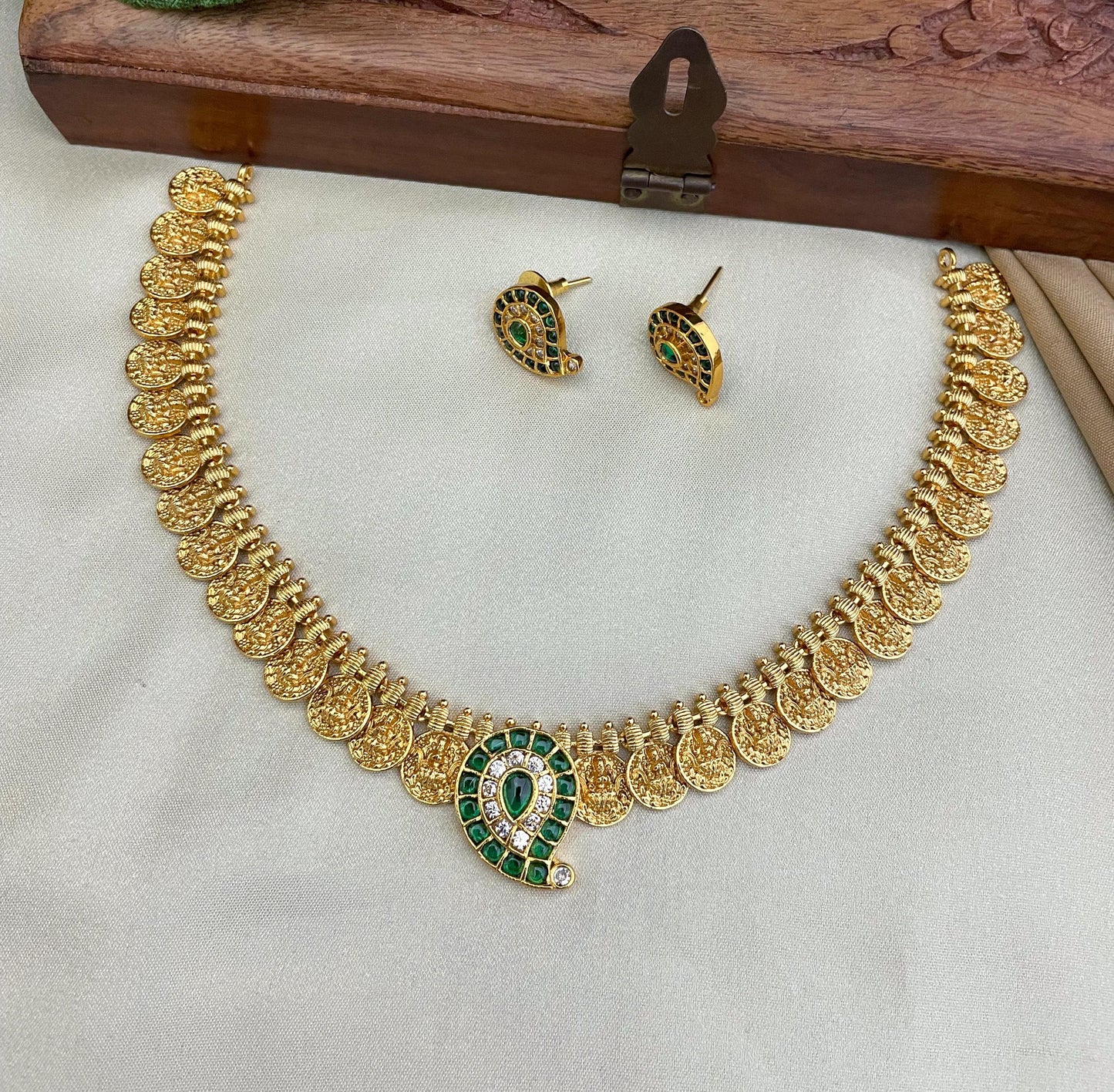Goddess Lakshmi Coin Necklace Set with Emerald Green Accents | JW2 1900
