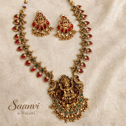 Lakshmi Temple Necklace Set – Heritage Gold Finish with Ruby Accents : Code GJ5001