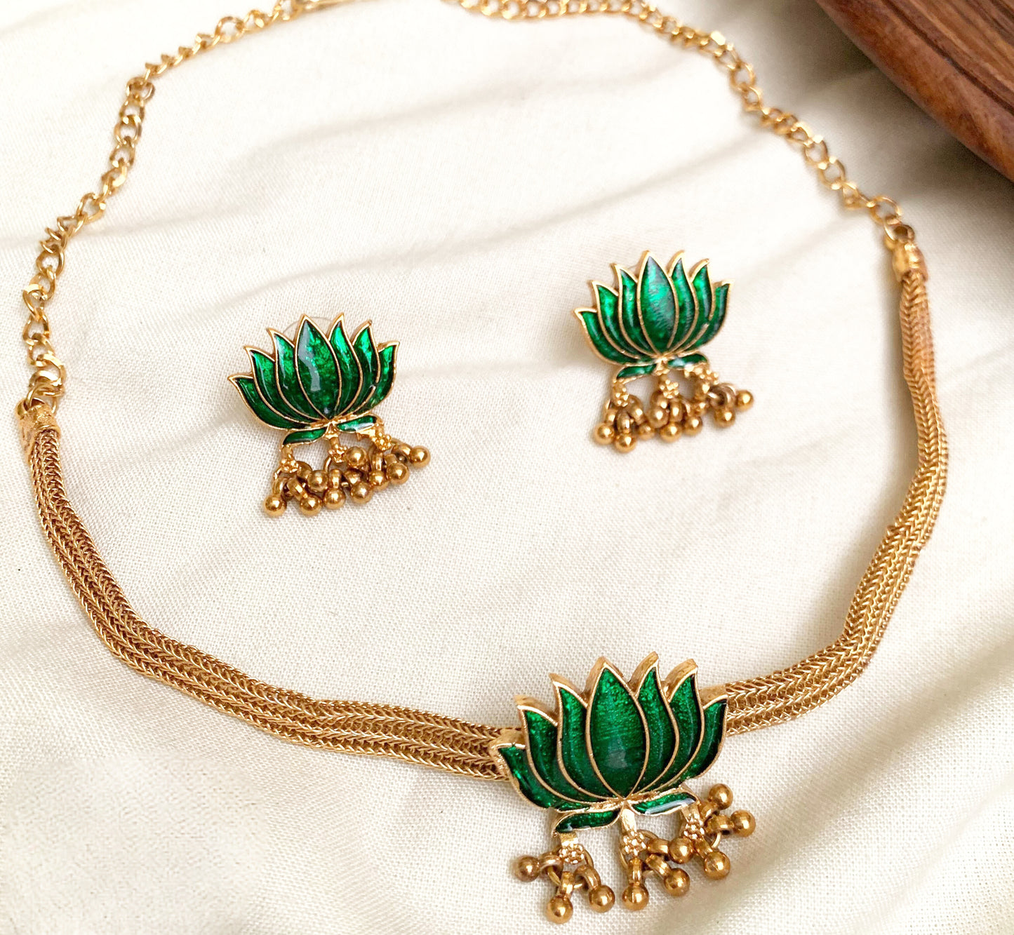 Vibrant Green/Red Lotus Enamel Choker Necklace Set | Temple Jewelry Style with Jhumka Earrings