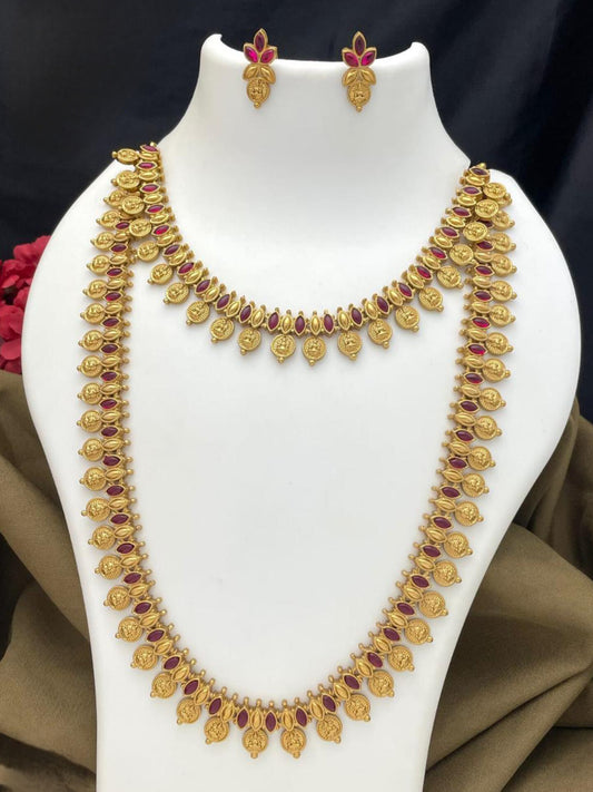 Temple Coin Necklace Set with Ruby & Green Stones – Antique Gold Finish MJ 5001