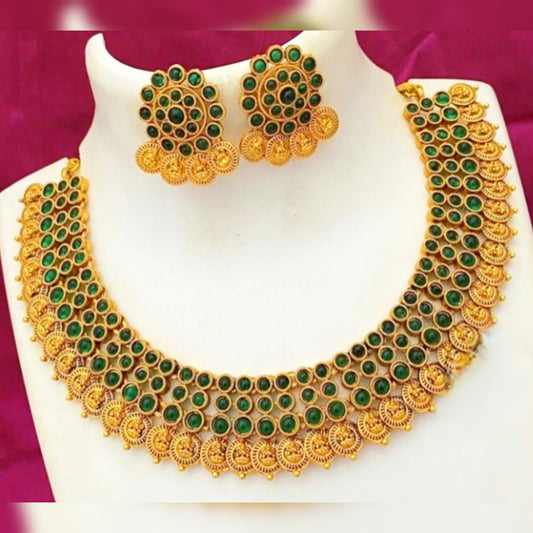 Heavy Kasu Necklace Set with brilliant  Green Kemp Stones