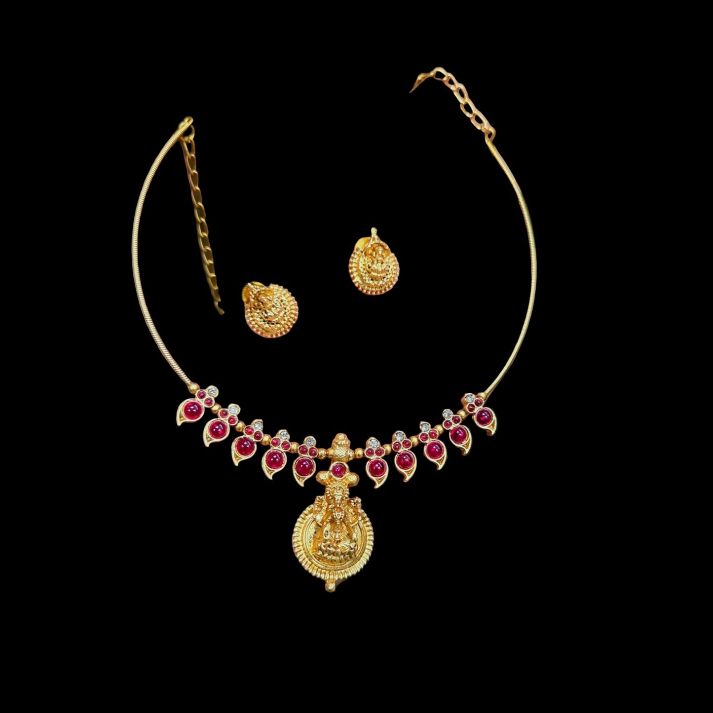 Lakshmi Red Ruby Temple Necklace Set | Premium Matte Gold Finish |