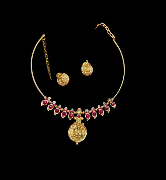 Lakshmi Red Ruby Temple Necklace Set | Premium Matte Gold Finish |