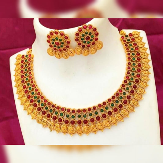 Heavy Kasu Necklace Set with brilliant Red & Green Kemp Stones