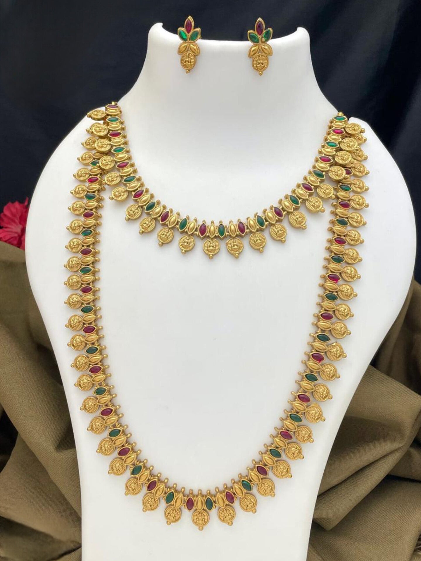 Temple Coin Necklace Set with Ruby & Green Stones – Antique Gold Finish MJ 5001