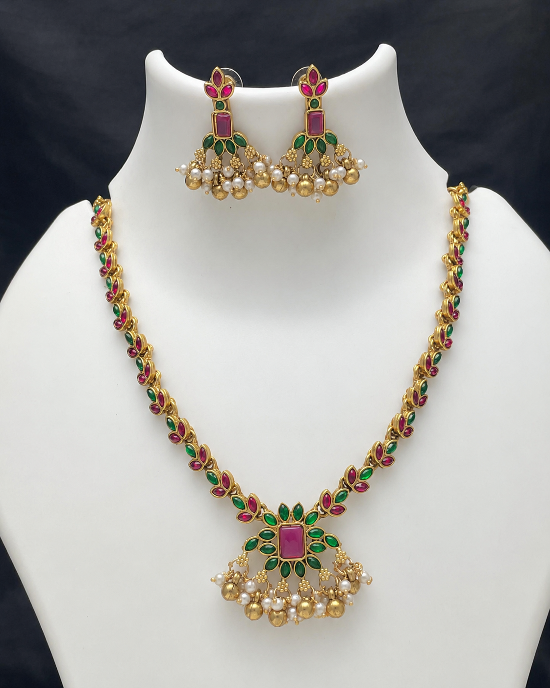 Premium Temple Necklace Set with Matching Earrings – Ruby & Green Stone  kempstone necklace set : Code - JW1850